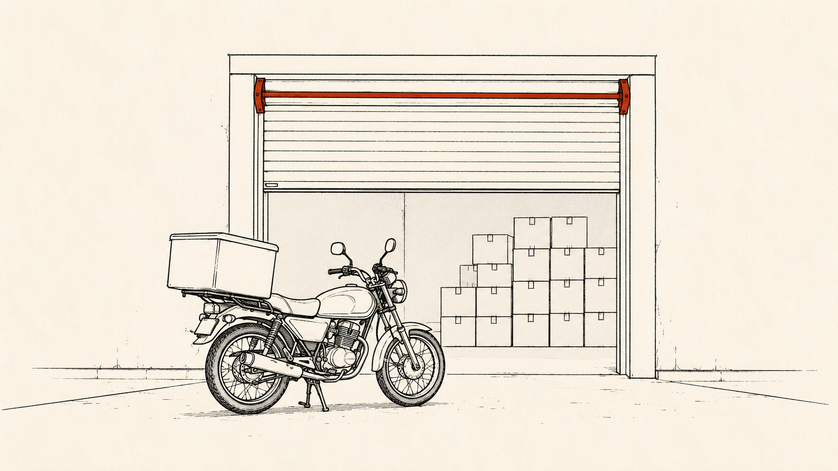 A delivery motorcycle parked outside a warehouse roller door, boxes stacked inside