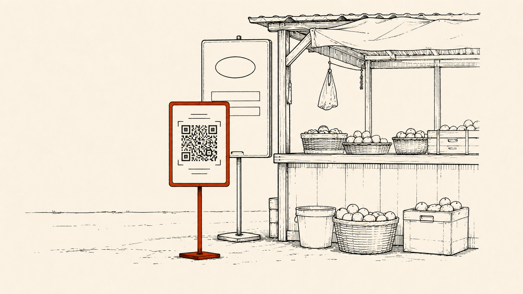 A QR code payment sign standing in front of a blank, partially obscured sign outside a market stall